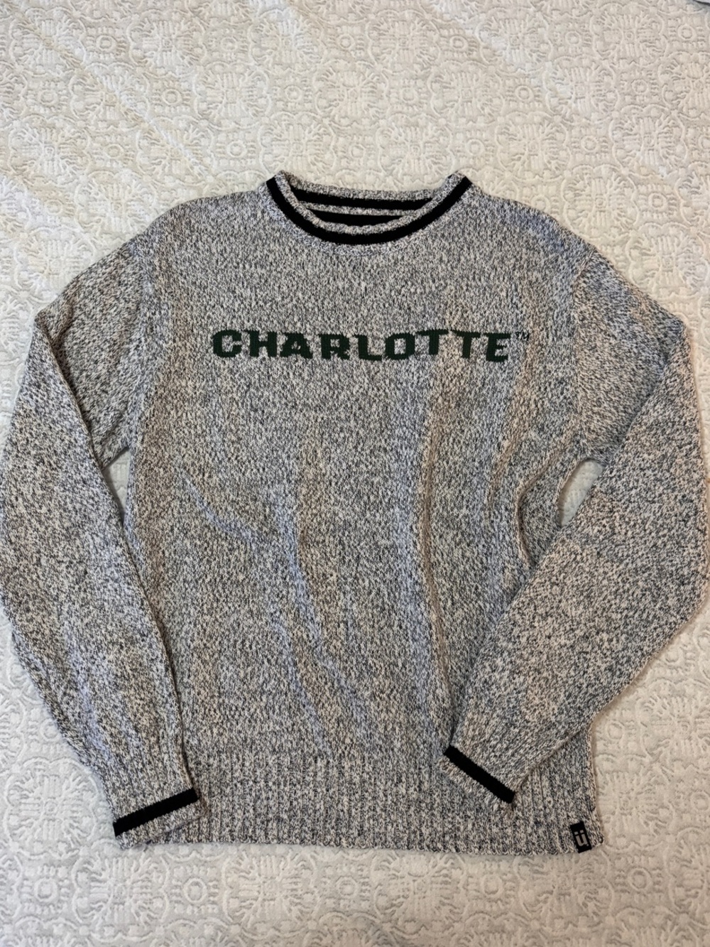 Charlotte Crewneck Knit Sweater - Gray with Green Lettering